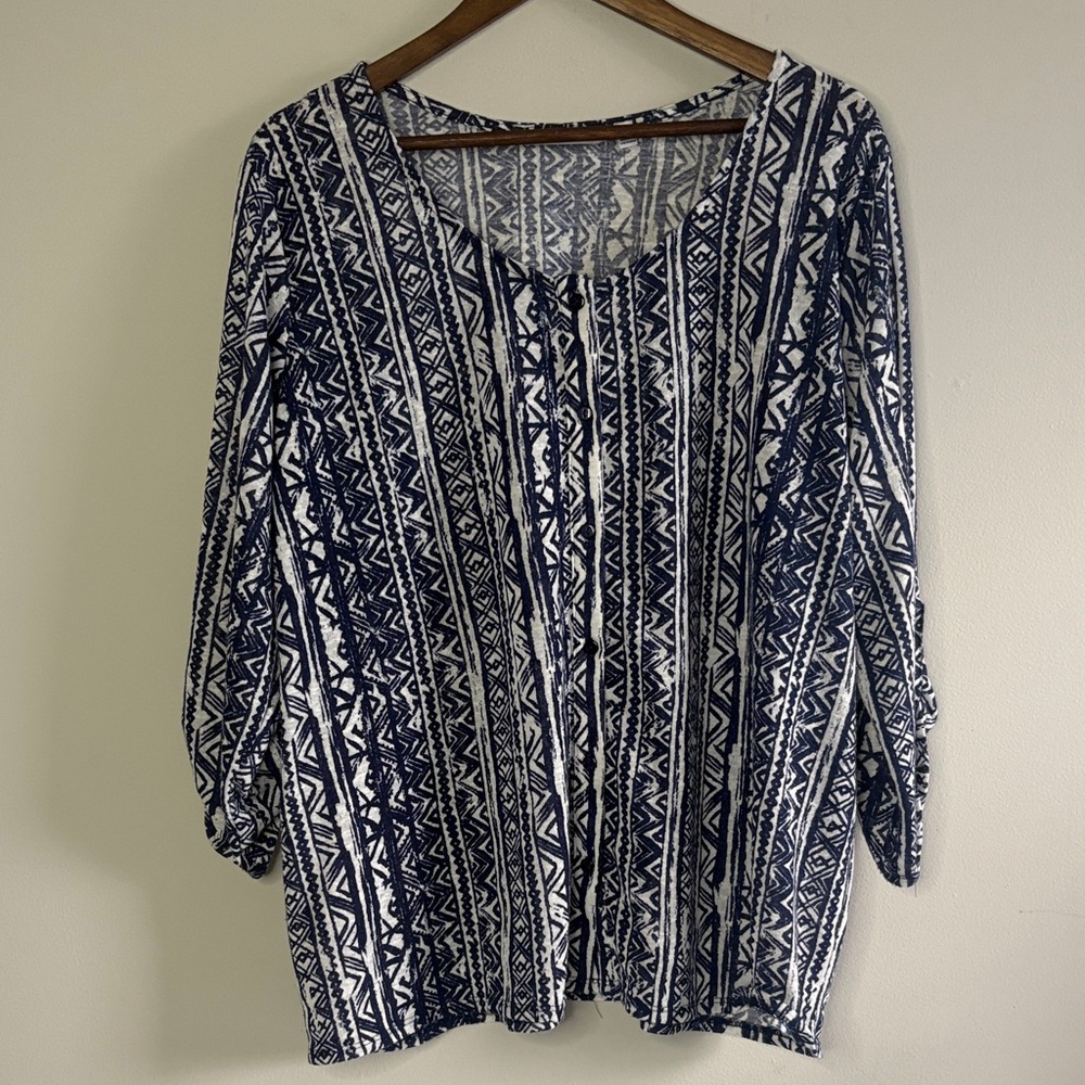 Notations Woman 2X Blue White Tribal Print‎ Peasant Blouse Boho Top